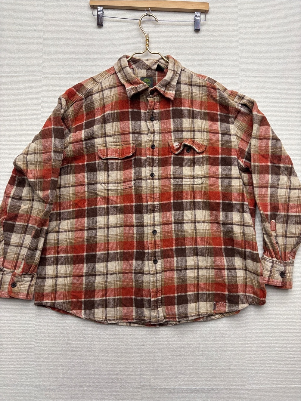 Timberland Men's Plaid Flannel Workshirt - Rust and Brown XXL